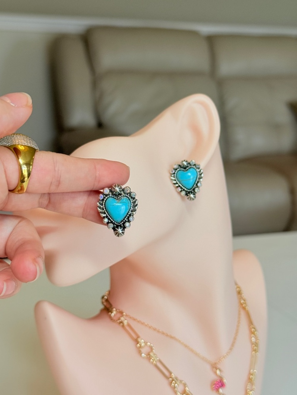 Turquoise Heart Stud Earrings - Picture 5 of 12